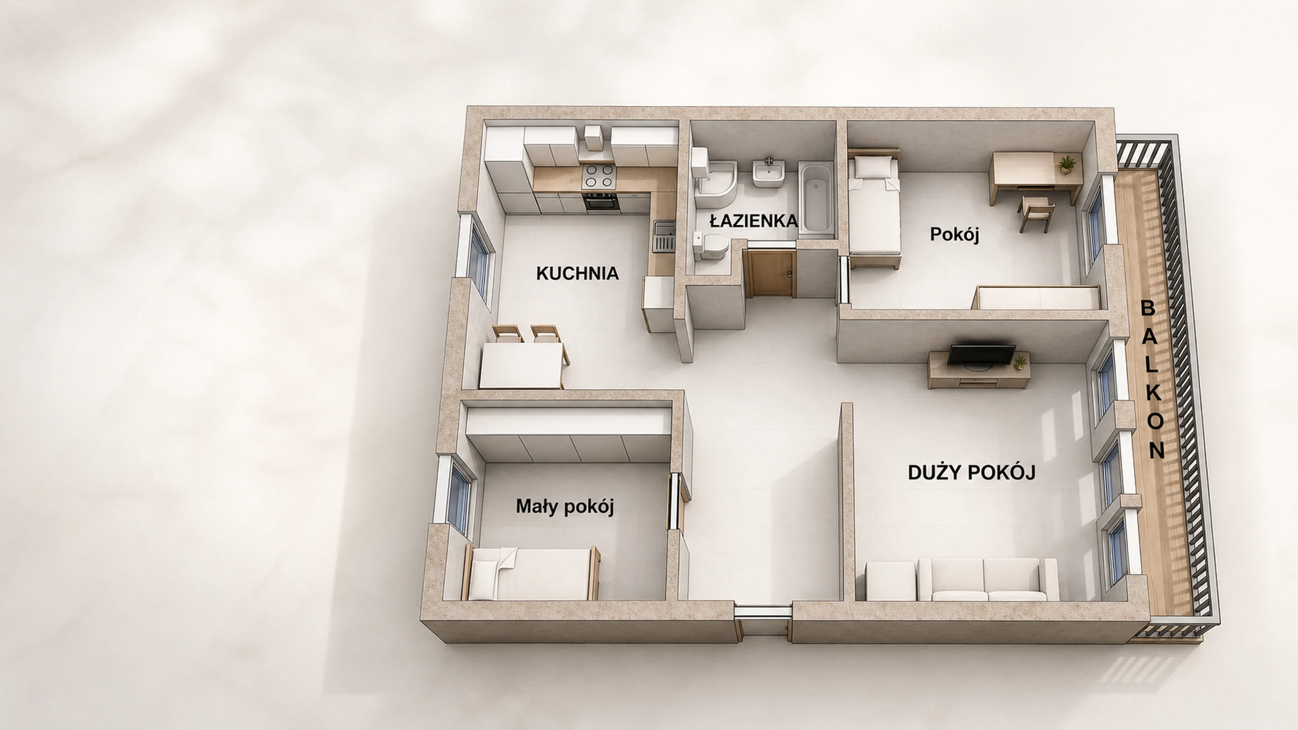 Rzut 3D mieszkania z układem pomieszczeń